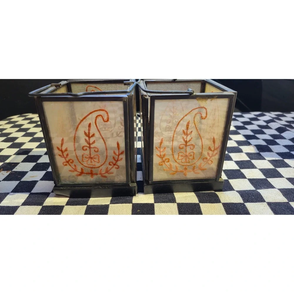 Vintage Boho‎ Metal Glass Paisley Embroidered Tea Light Lanterns Set of 2 Black